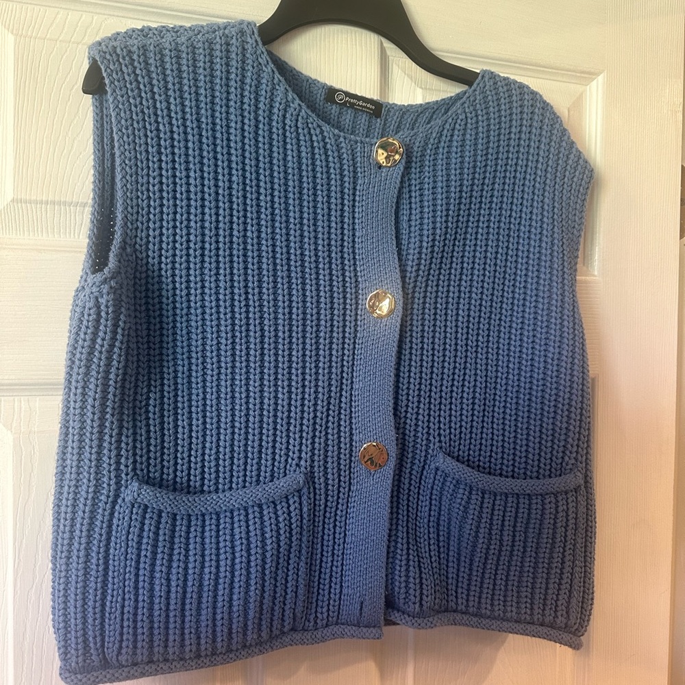 Pretty Little Garden Blue Knit Button-Front Sweater Vest -